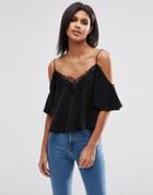 Asos Cold Shoulder Cami Top With Lace Trim In Satin Finish - Black