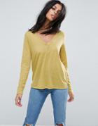 Asos V-neck Long Sleeve T-shirt In Linen Mix Fabric - Stone