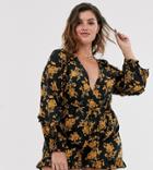 In The Style X Dani Dyer Plus Wrap Front Ruffle Romper In Black Floral Print - Multi