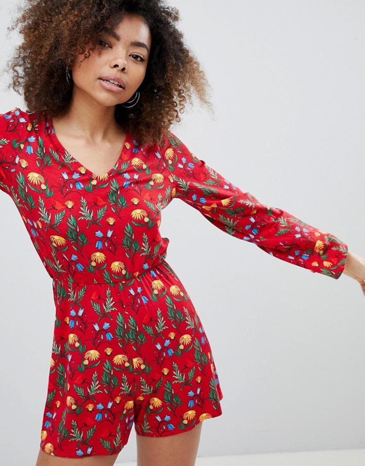 Monki Printed Long Sleeve Romper - Red