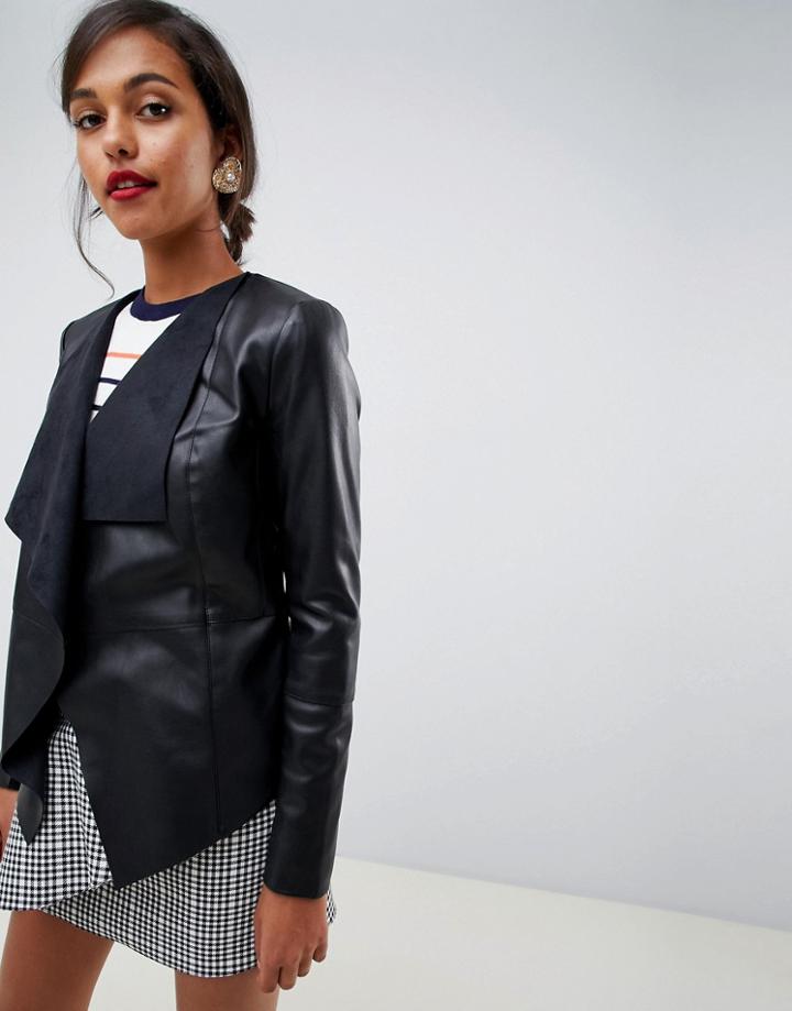 Oasis Waterfall Front Faux Leather Jacket In Black - Black