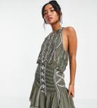 Asos Design Petite High Neck Embellished Mini Dress With Dropped Hem-brown