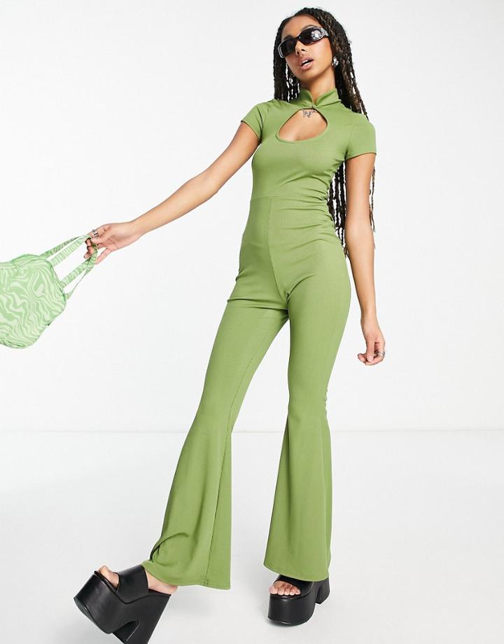 Asos Design Keyhole Short Sleeve Jumpsuit In Olive-green