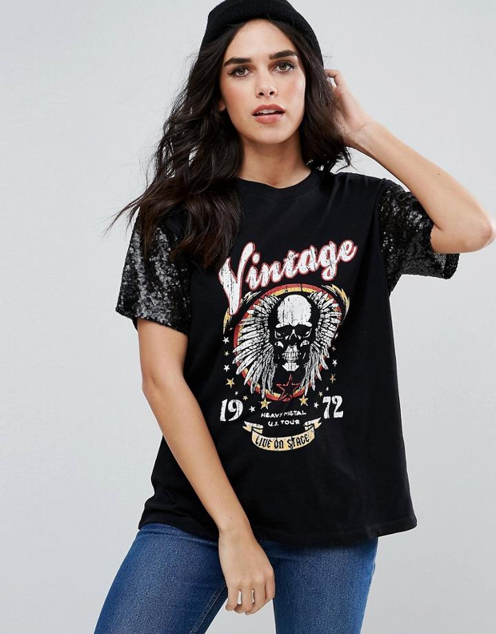 Brave Soul Graphic Band T-shirt With Sequin Sleeves - Black