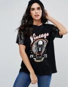 Brave Soul Graphic Band T-shirt With Sequin Sleeves - Black