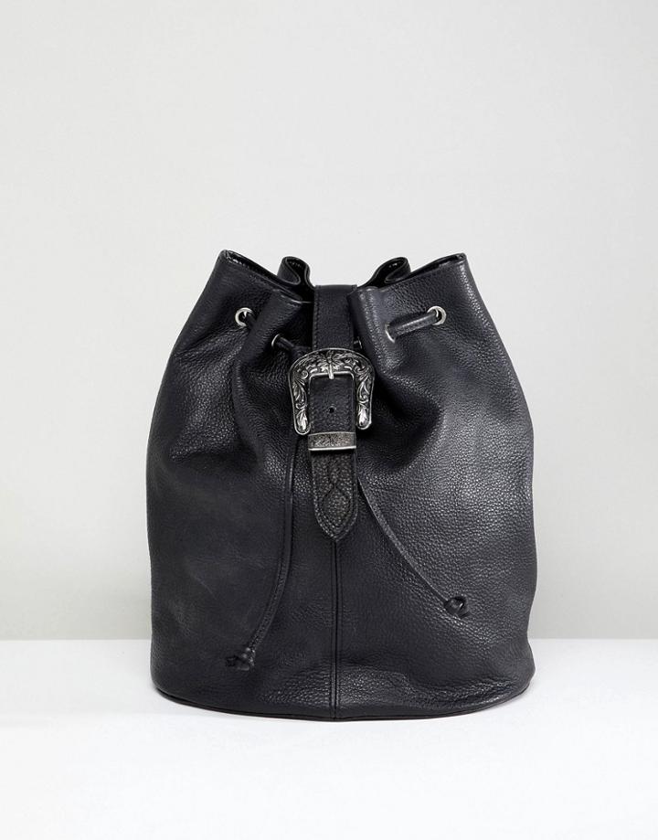 Park Lane Real Leather Western Buckle Backpack - Black
