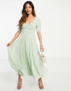 Asos Design Ruched Front Pleated Midi Dress With Shirred Waist In Textured Chevron In Sage Green