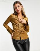 Topshop Ruched Satin Snap Shirt In Chocolate-brown
