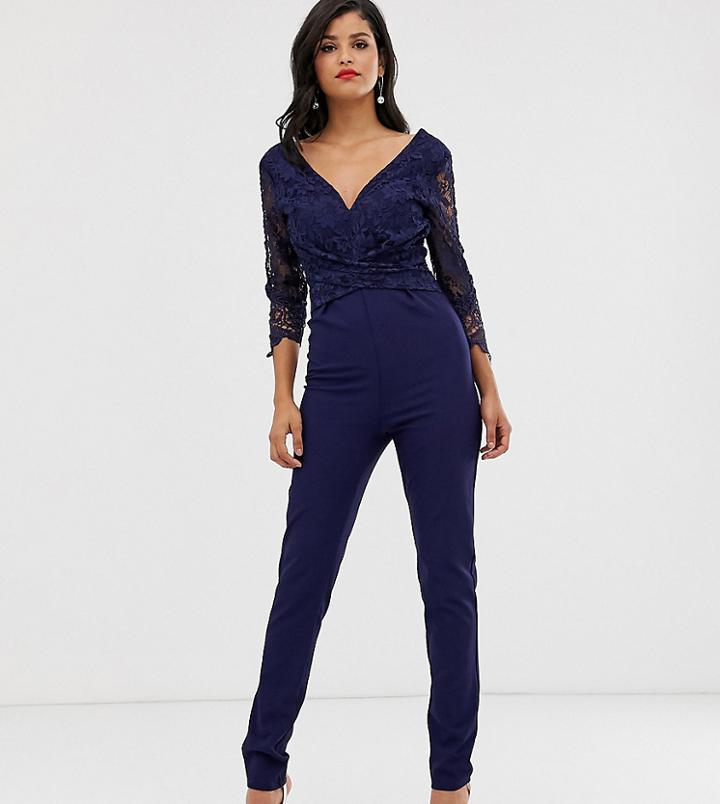 Little Mistress Tall Lace Sleeve Tailored Jumpsuit-navy