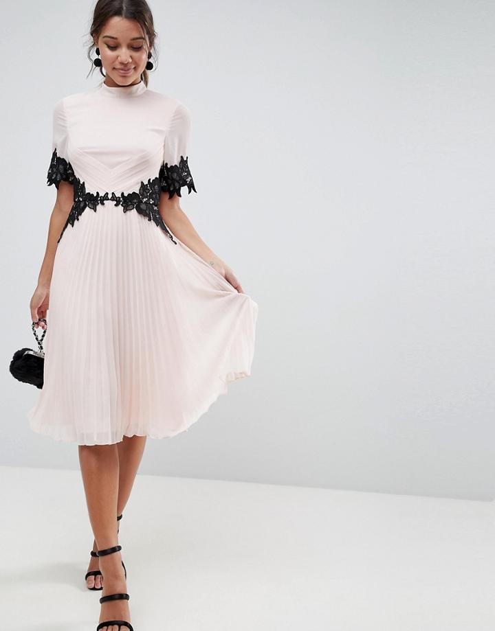 Asos Lace Waist And Cuff Pleated Midi Dress - Pink