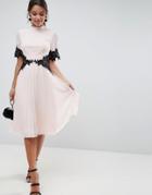 Asos Lace Waist And Cuff Pleated Midi Dress - Pink