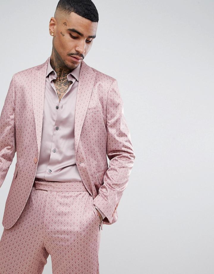 Asos Design Slim Suit Jacket In Mink Sateen Print - Pink