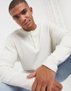 Asos Design Relaxed Fit Long Sleeve T-shirt In Rib With Grandad Neck In Ecru-white