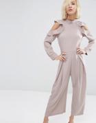 Asos Cold Shoulder Ruffle Jumpsuit - Mink