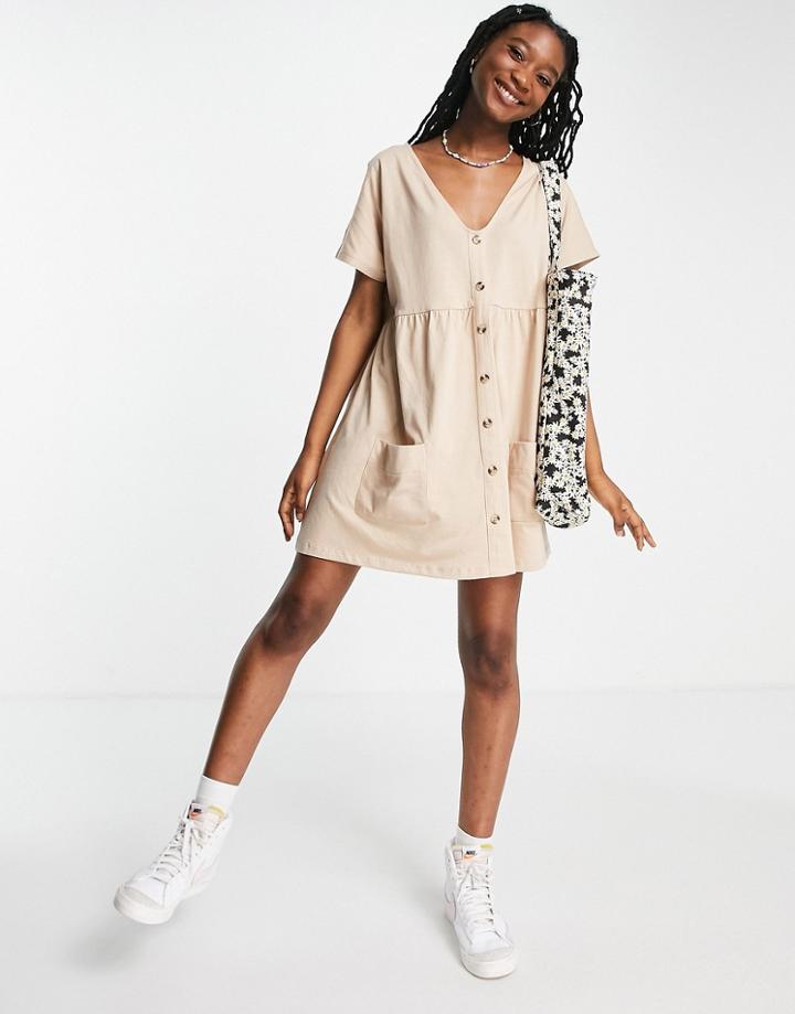 Asos Design Button Up Mini Smock Dress With Pockets In Camel-brown