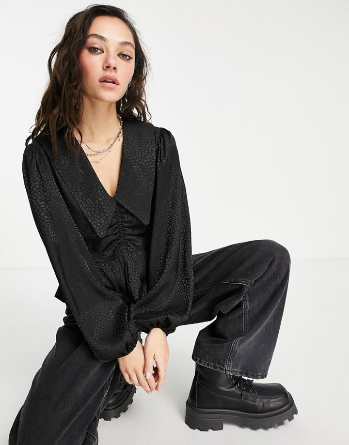 Topshop Dropped Collar Jacquard Blouse In Black