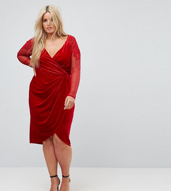 Little Mistress Plus Allover Velvet Wrap Midi Dress With Lace Applique Sleeve Detail - Red