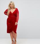 Little Mistress Plus Allover Velvet Wrap Midi Dress With Lace Applique Sleeve Detail - Red