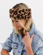 Pieces Faux Fur Leopard Print Headband-brown