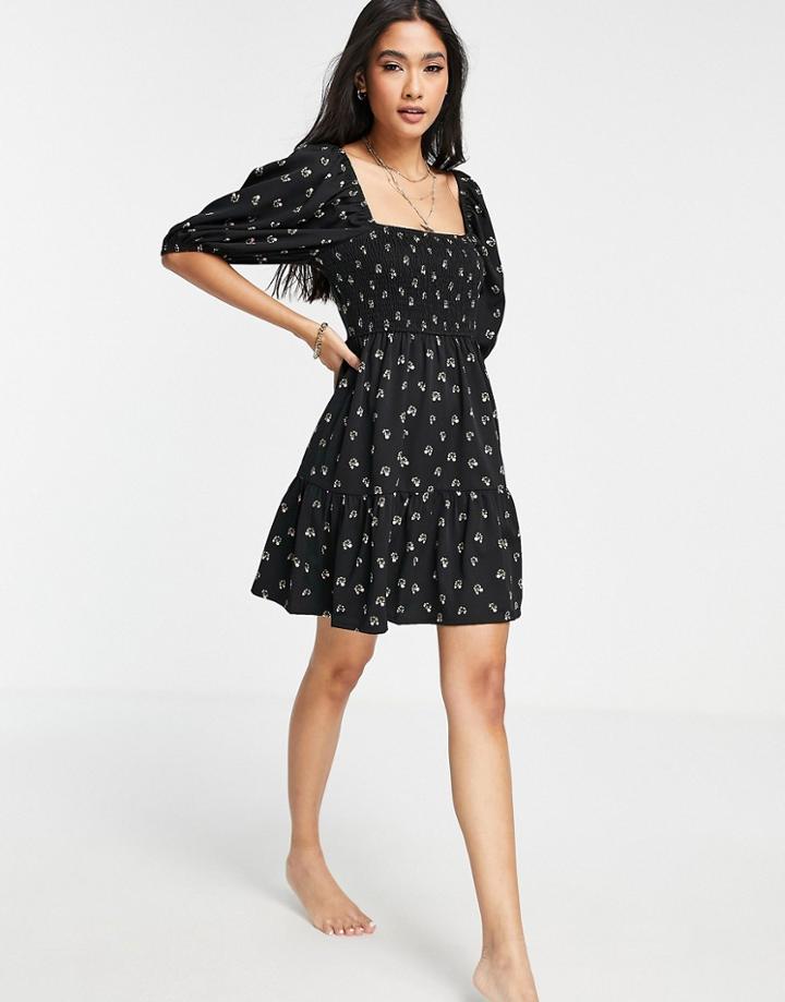 Fashion Union Exclusive Balloon Sleeve Shirred Mini Beach Dress In Black Base Floral Print-multi