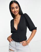 Asos Design Button Front Tea Blouse With Volume Sleeve And Tie Back Detail In Black