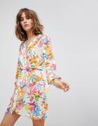 Love Long Sleeve Wrap Dress In Bold Floral Print - Multi