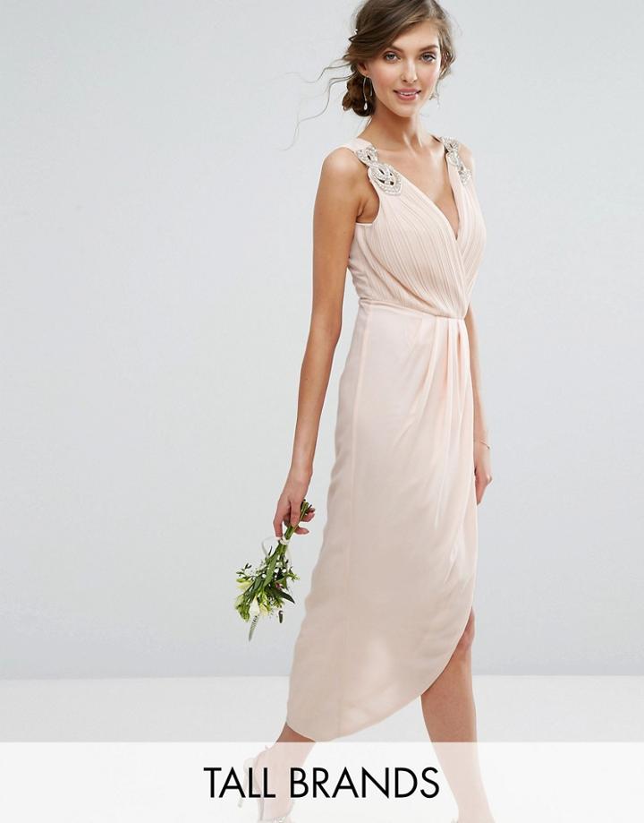 Tfnc Tall Wedding Wrap Midi Dress With Embellishment - Beige