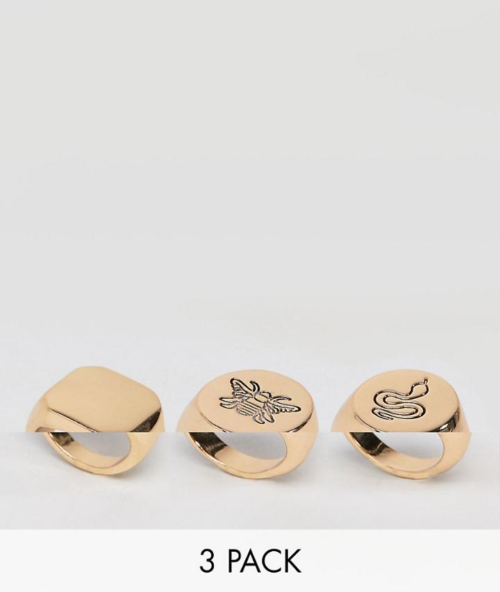 Asos Design Pack Of 3 Engraved Bee And Snake Signet Rings - Gold