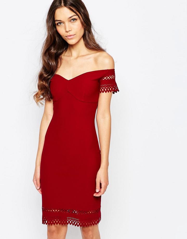 Love Laser Cut Off Shoulder Dress - Oxblood