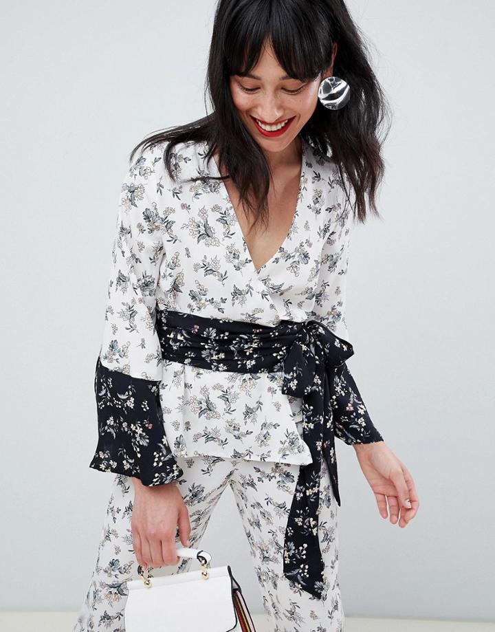 Unique 21 Floral Contrast Waist Tie Top-multi