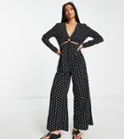 Lola May Petite Cut Out Wide Leg Jumpsuit In Polka Dot-black