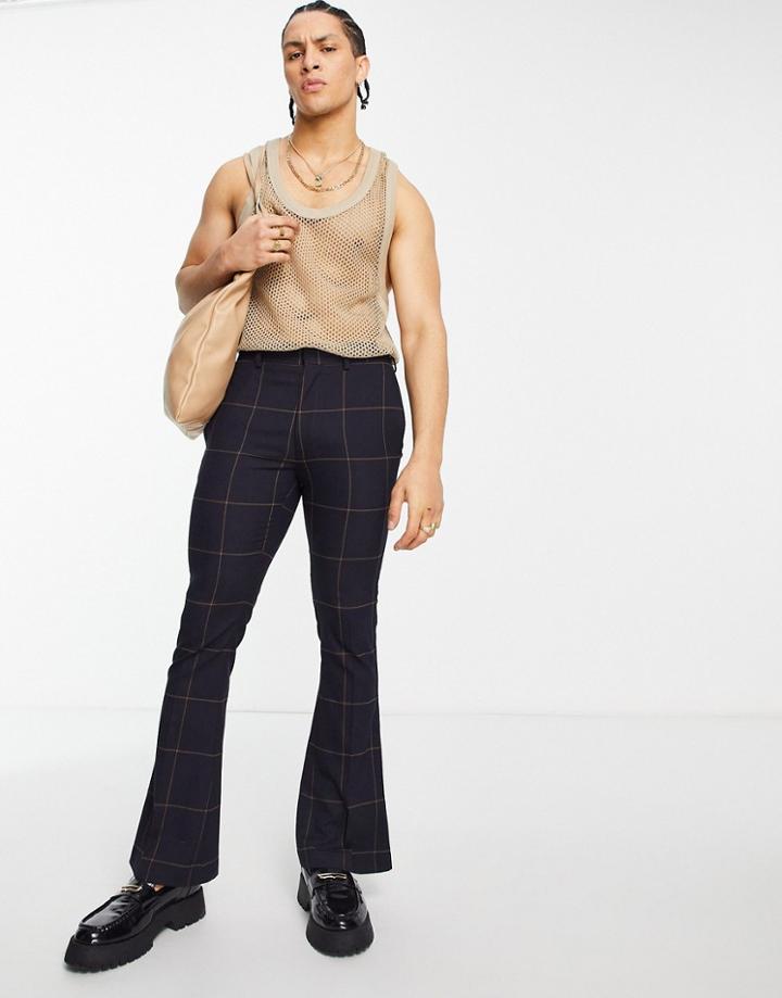 Asos Design Skinny Flared Smart Pants In Navy And Rust Windowpane Check