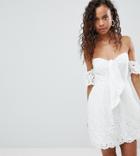 Parisian Petite Off Shoulder Broderie Dress With Bow - White