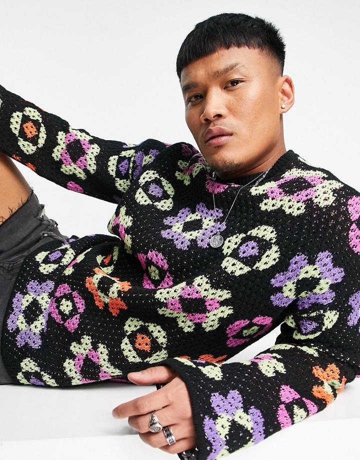 Asos Design Knit Sweater With Floral Crochet-black