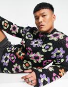 Asos Design Knit Sweater With Floral Crochet-black
