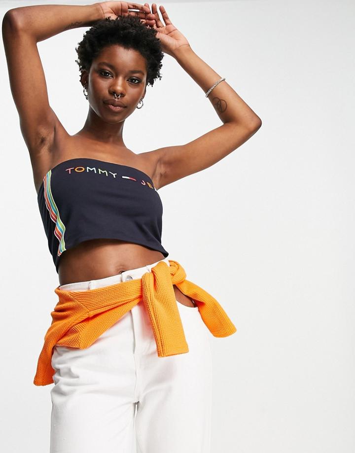 Tommy Jeans Rainbow Logo Bandeau Top In Navy