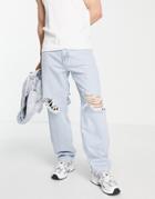 Bershka Baggy Jeans With Rips In Faded Blue