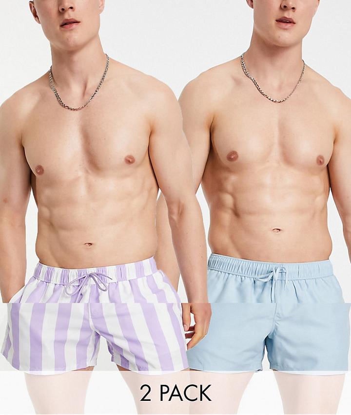Asos Design 2 Pack Swim Short Shorts In Purple Stripe And Pastel Blue Save-multi