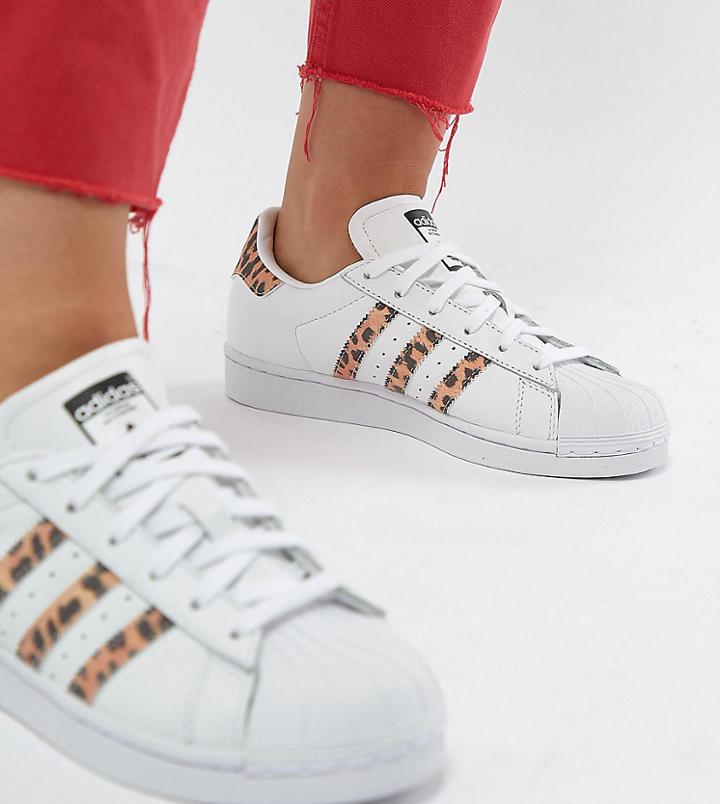 Adidas Originals Superstar Sneakers With Leopard Print Trim - Black