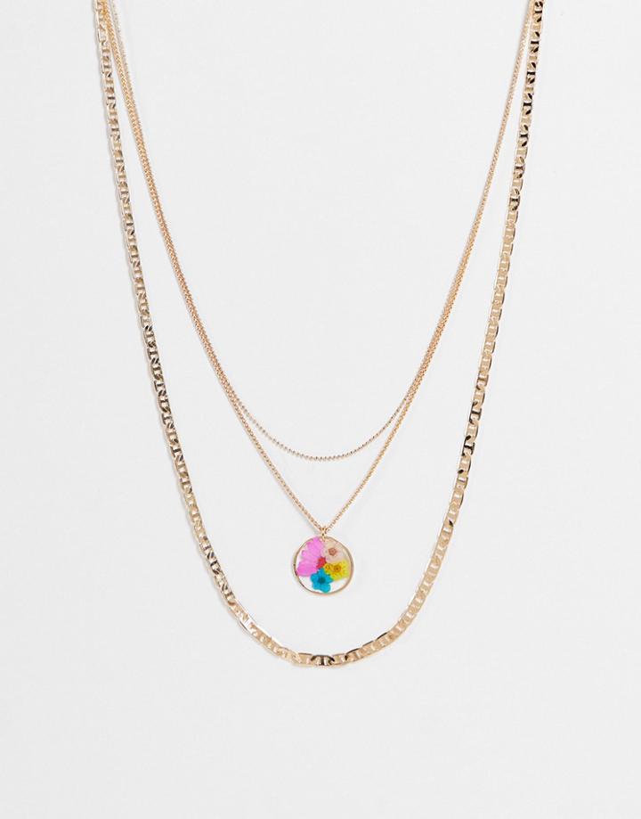 Pieces Floral Pendant Mixed Chain Necklace In Gold