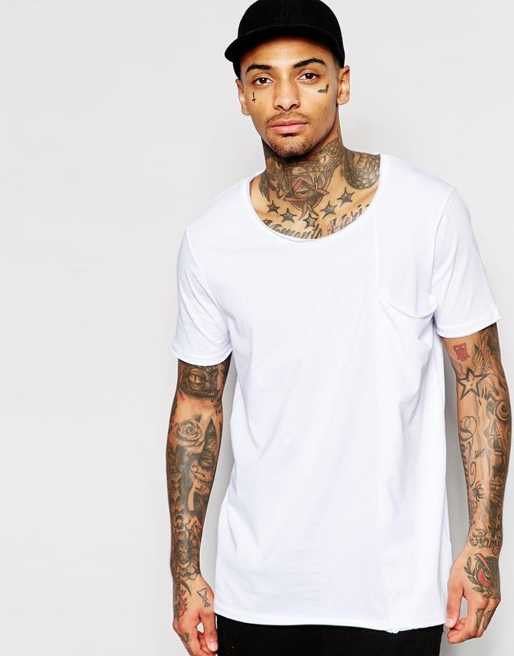 Asos Longline T-shirt With Big Drape Pocket And Raw Edge Scoop In White - White