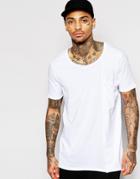 Asos Longline T-shirt With Big Drape Pocket And Raw Edge Scoop In White - White