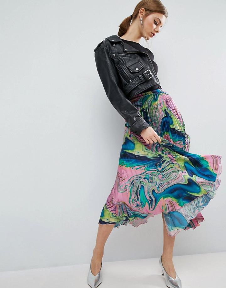 Asos Pleated Satin Skirt With Marble Print - Multi