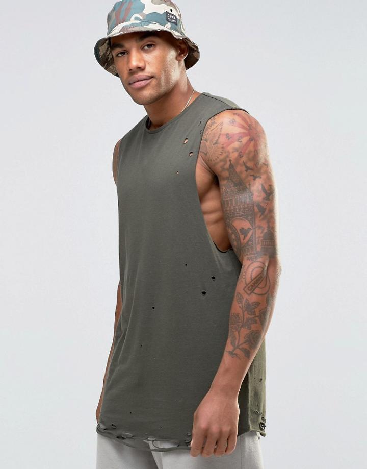 Asos Longline Sleeveless T-shirt With Distressed Hem - Khaki