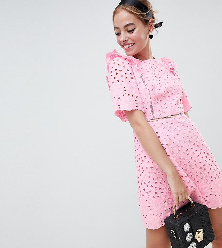 Asos Design Petite Exclusive Broiderie Mini Dress With Ruffle Detail - Pink