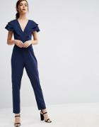 Asos Wrap Jumpsuit With Frill Sleeve - Navy