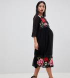 Asos Design Maternity Double Layer Midi Embroidered Dress - Black