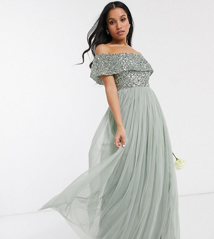 Maya Petite Bridesmaid Bardot Maxi Tulle Dress With Tonal Delicate Sequins In Sage Green