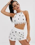 Asos Design Premium Beach Cami With Palm Tree Embroidery & Crochet Trim Two-piece - White