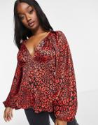 Asos Design Long Sleeve Satin Kimono Top In Red Leopard Print-multi